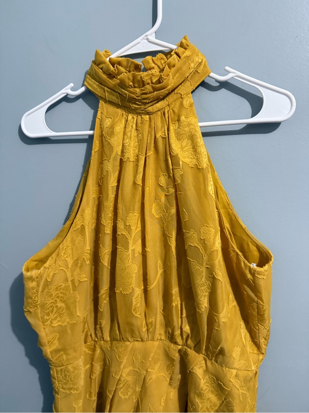Lulus Chic Demeanor Yellow Floral Jacquard Halter Mini Dress Large - Picture 3 of 8